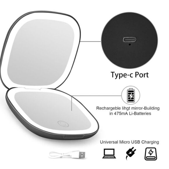 Compact Black Portable Lighted LED Makeup Mirror 1X/10X Magnification NEW - Picture 4 of 8